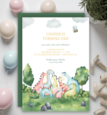 Personalized Watercolor Birthday Invitation For Kids, featuring cute little dinosaurs  