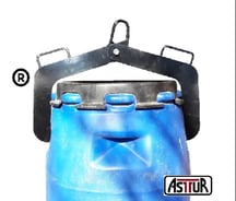 a blue plastic water bottle with a black handle
