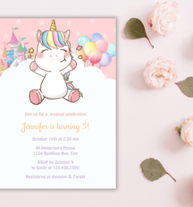 Personalized Birthday Invitation For Kids, featuring cute little magical unicorn, colorful balloons