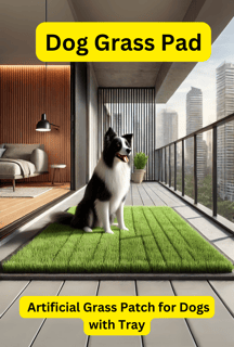 a dog sitting on an artificial grass pad