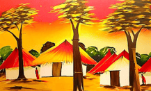 a painting of a village with huts and trees