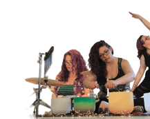 rachel playing the drums, doing a sound bath, and yoga
