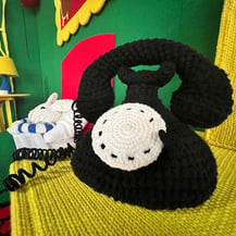 Crocheted black telephone from Goodnight Moon - A Fiber Tale by Dundee & Lee artists Emilie Odeile & Ken Chapin.