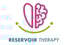 pink heart logo split in half, right is a brain, green line underneath and blue Reservoir Therapy