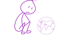 Sad stick figure with tornado like hair, sitting and look down at earth
