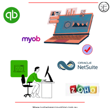 Illustration of an accountant working on a computer, surrounded by logos of popular accounting softw