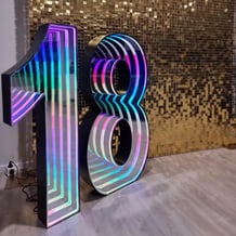 Marquee number 18 in front of the gold shimmer wall for hire in Redlands.