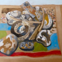 painting of a collection of beach finds, stones and driftwood