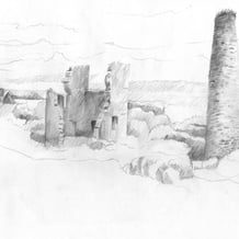 graphite drawing of ruined factory with brick chimney in landscape