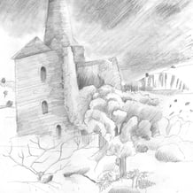 graphite drawing of derelict factory with chimney