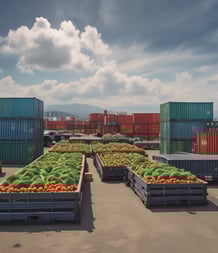 An open van parked outside a building is filled with crates of fresh vegetables, including cabbages, onions, and red bell peppers. The setup suggests an organized distribution or delivery of produce.