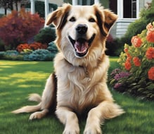 a dog sitting on the grass in front of a house