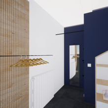 Zoom sur le projet de rénovation avec des murs bleus et des étagères