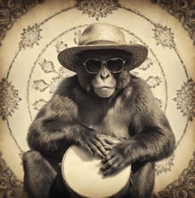 Monkey in sunglasses with a hat playing Bongos