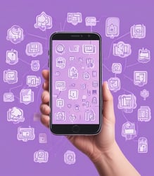 A hand holding a smartphone displaying a website or app interface related to creating a brand. The screen shows options for Home, Discovery, Members, and Topics.