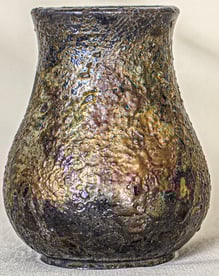 Pear-shaped ceramic vessel made in Amman, Jordan, Kurinuki and Raku, textured with copper, bronze, a