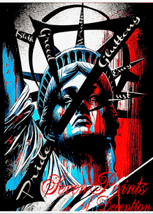 a poster of a statue of liberty in front of a red and white background