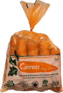 Clear plastic bag of carrots with Carrots by Cam logo