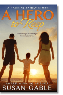 A Hero to Keep cover - man, woman, and child, holding hands on beach at sunset