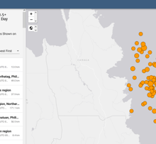 Sample USGS interactive last 24 hours of global earthquakes map and list from December 2023.