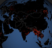 NASA animation of global fires image showing most of Asia and parts of Europe and Africa. Fires highlighted in orange and red