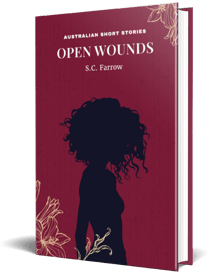 3D cover of a crimson-coloured book cover featuring the silhouette of a woman with a mop of wavy hair and line art flowers