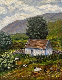 Sheep Resting by the Cottage  2024 Acrylic on canvas, 10 x 8 x 1/2 inches  $190 