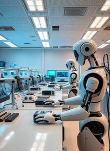 roboți care muncesc indicând transformarea tehnologică si inteligența artificială