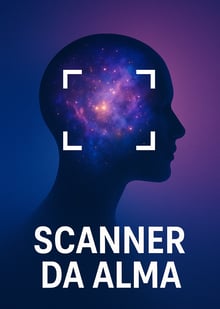Lilac head with the universe inside, in violet tones, with the phrase "Scanner da Alma"