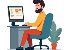 Dessin homme assit derrière son ordinateur représente la possibilité de personnaliser son site internet
