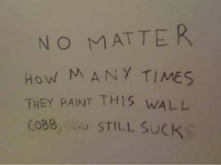 Cobb Wall at Lovett College affirming Cobb sucks