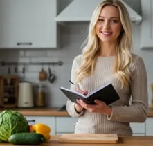 A smiling woman in a kitchen holding a notebook, surrounded by fresh vegetables.