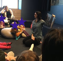 Rachel Hahn performing English Storytime at the Malmö city library