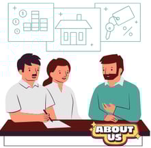Three people discussing at a table with 'About Us' logo and icons for business, home, and finance