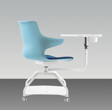 Student chair with writing tablet and wheels, blue seat and white frame
