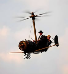 AI generated image of a Steampunk flying craft with two men aboard.