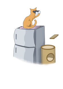 drawing of a cat watching the room with binoculars from the top of a freezer