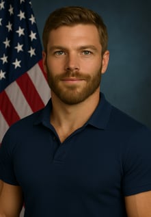A confident and professional man standing in front of the U.S. flag, symbolizing leadership and service