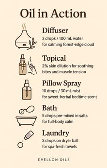 Guide showing diffuser, topical, pillow spray, bath and laundry uses for calming herbal oil blend