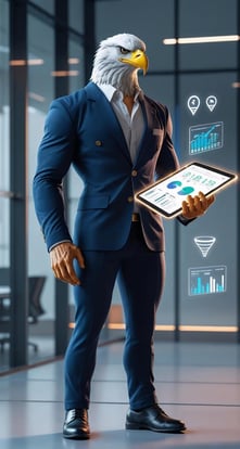 a humanoid American eagle specializing in digital marketing for local businesses with a tablet