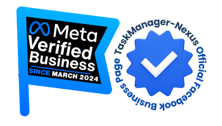 Logo depicting "Meta Verified Business" with a blue flag and a checkmark badge, indicating verification since March 2024.