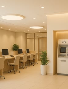 Interno  di filiale bancaria con sportelli ATM e postazioni operative, realizzata da BRB Engineering