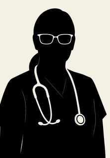 “Silhouette illustration of female doctor with stethoscope, representing site founder.”