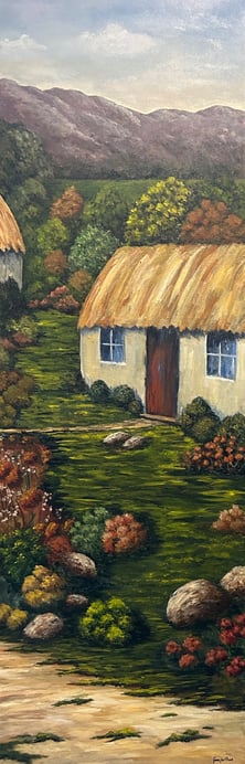 Cottage by the Mountains  2024 Acrylic on canvas, 36 x 12 x 3/4 inches  $490 (Created frame included