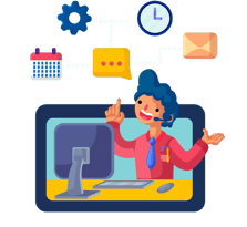  A person working at a computer, receiving support from a virtual assistant or customer service