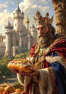 seorang raja menawarkan roti berlapis emas dengan topping yang banyak diatasnya. Di belakangnya ada bangunan kerajajaan eropa