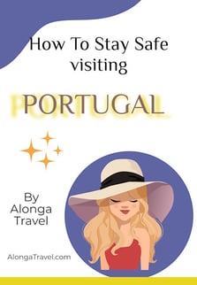 a woman in a hat with a hat on her head and sign How to stay safe traveling to Portugal