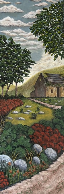 Cottage in Black Valley 2024 Acrylic on canvas, 35 x 12 x 3/4 inches  $490  (Created frame included)