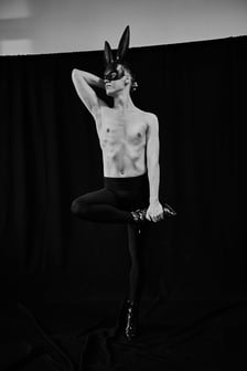 Elizabeth Lotz (Liz Lotz) art director fashion storyteller artist high fashion male model photoshoot featuring masked dancer