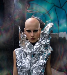 Elizabeth Lotz (Liz Lotz) art director fashion storyteller artist model dressed as alien in silver for subway editorial photo